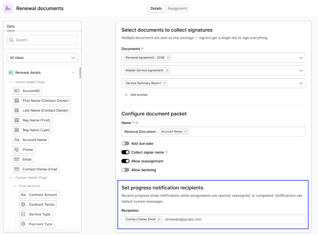 The Set progress notification recipients section on a Sign step, showing the Recipients field with a dynamic data field (Contact Owner Email) and a static email address added.