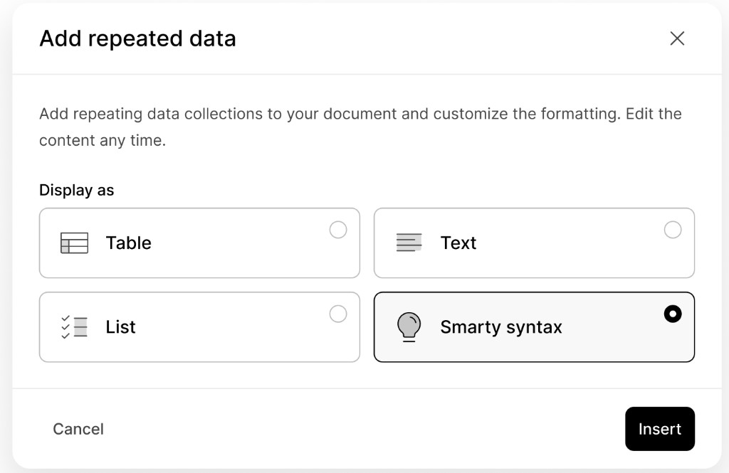 Add repeated data dialog with Smarty syntax selected
