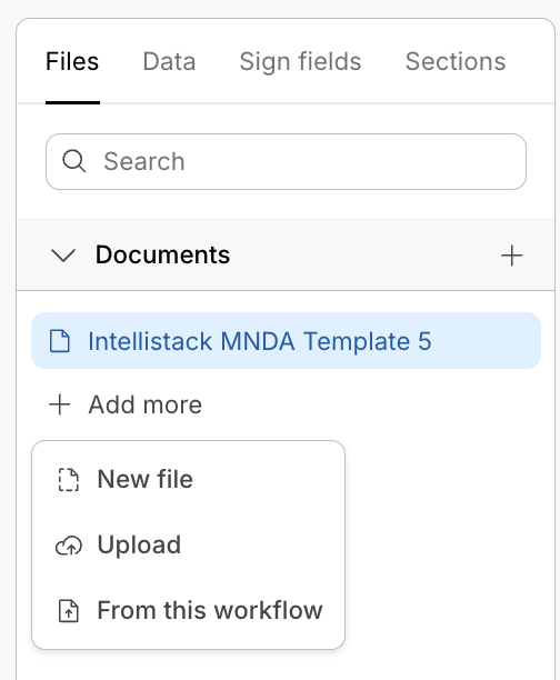 Files tab Add more menu: New file, Upload, From this workflow