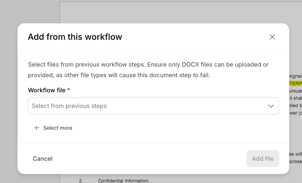 Add from this workflow dialog with Workflow file dropdown