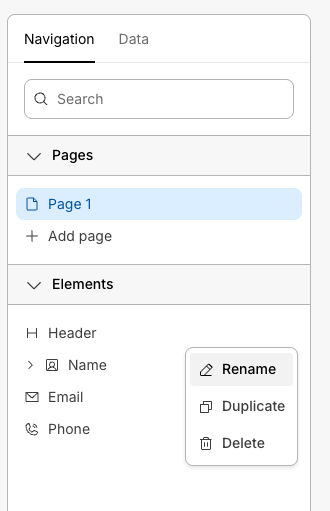 Navigation tab showing Pages and Elements with the Rename, Duplicate, and Delete menu