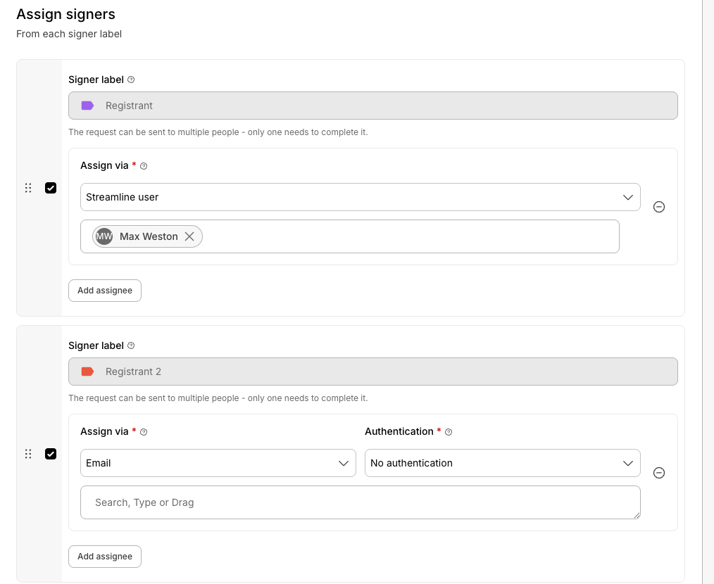 Two signer labels, each configured independently