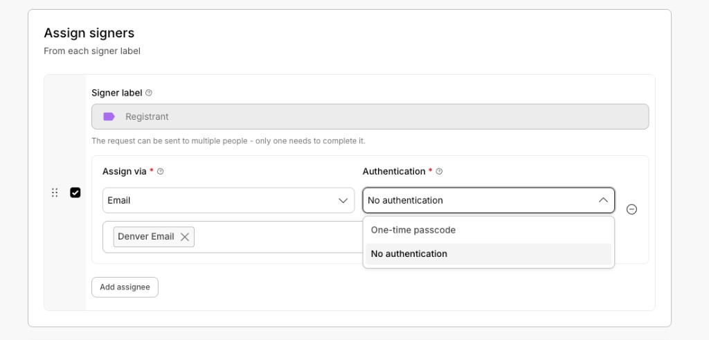 Authentication options: One-time passcode or No authentication