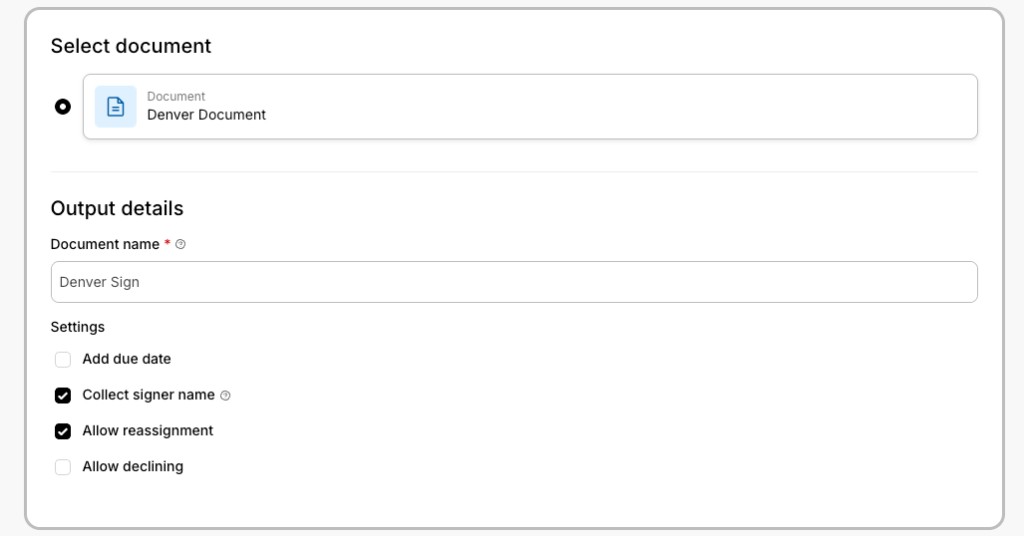 Select document, Output details, and Settings