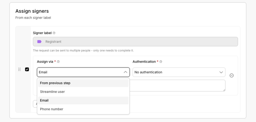 Assign via options: From previous step, Streamline user, Email, Phone number