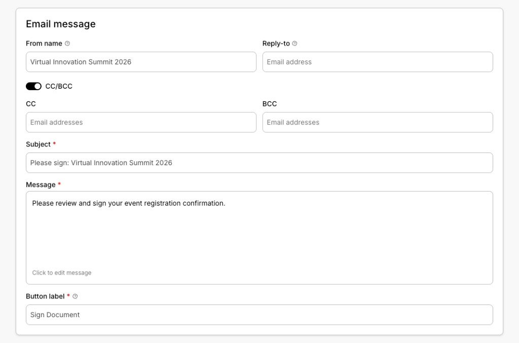 Email message panel with From name, Reply-to, CC/BCC, Subject, Message, Button label