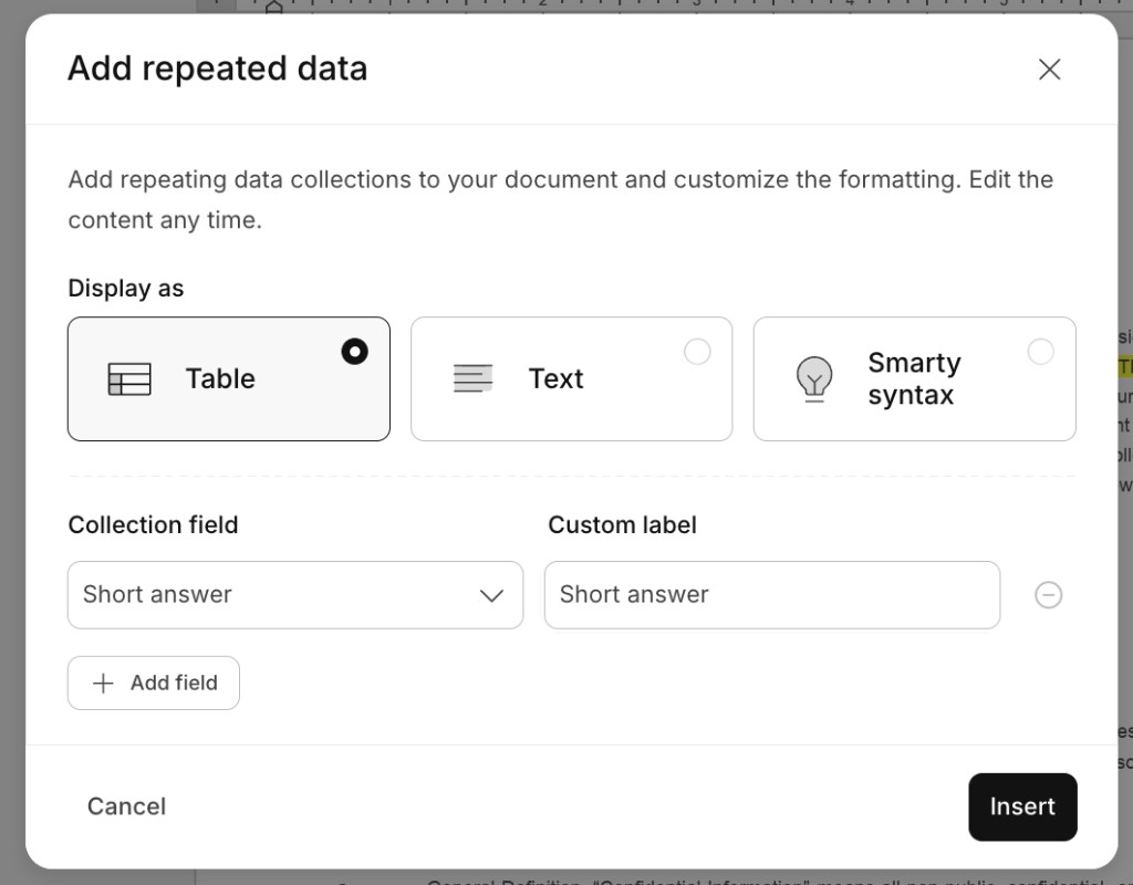 Add repeated data dialog showing Table, Text, and Smarty syntax options