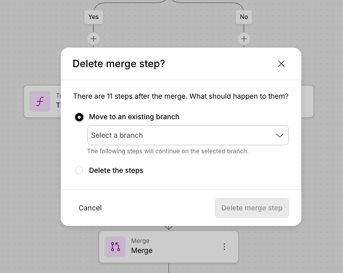 Choosing what happens to downstream steps when deleting a merge