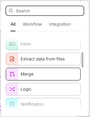 Adding a Merge step from the step menu