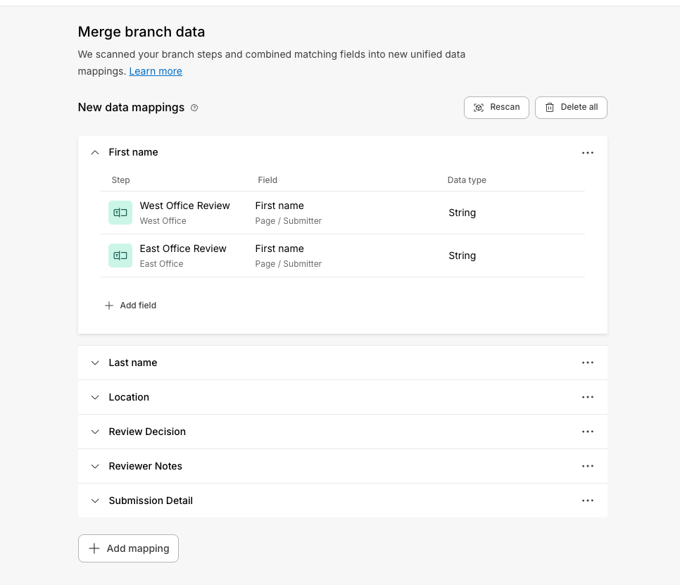 Streamline scans branches and combines matching fields into unified data mappings