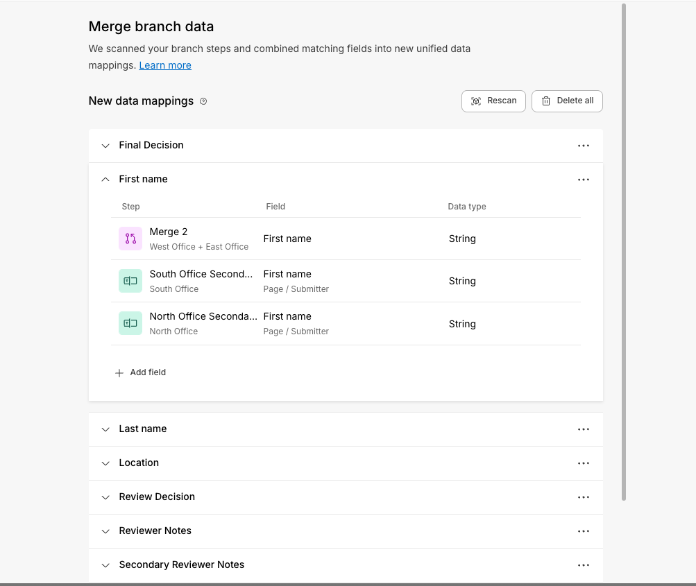 Merged fields grouped by merge name in the downstream data picker
