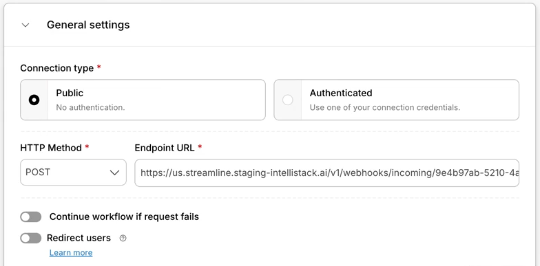 First Outgoing Webhook step with POST selected and the Incoming Webhook Test URL entered as the Endpoint URL