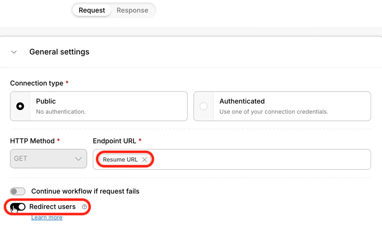 Second Outgoing Webhook step showing GET, Endpoint URL mapped to Resume URL, and Redirect users turned on