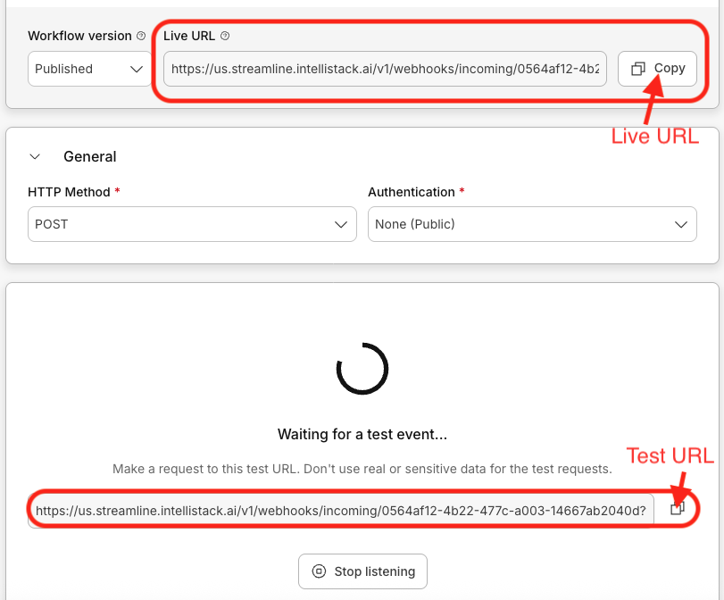 Incoming Webhook step showing the Live URL and Test URL