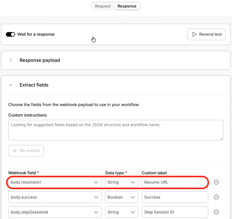 Outgoing Webhook Response tab showing resumeUrl extracted and labeled Resume URL