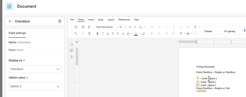 Document step field settings showing the Display as dropdown set to Checkbox and the Option value selector