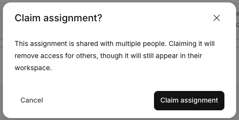 Claim assignment confirmation dialog
