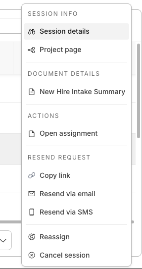 Session actions menu with resend, reassign, and cancel options