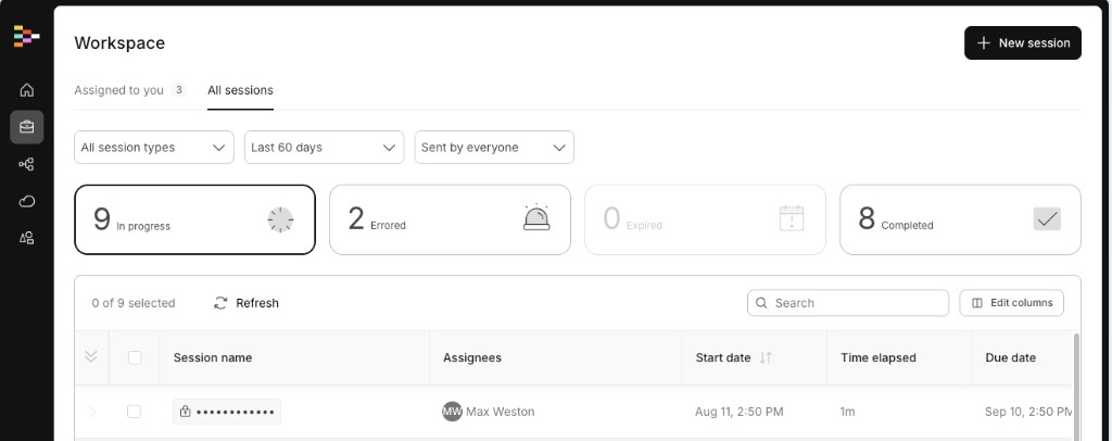 All Sessions with session names locked and no Show data toggle