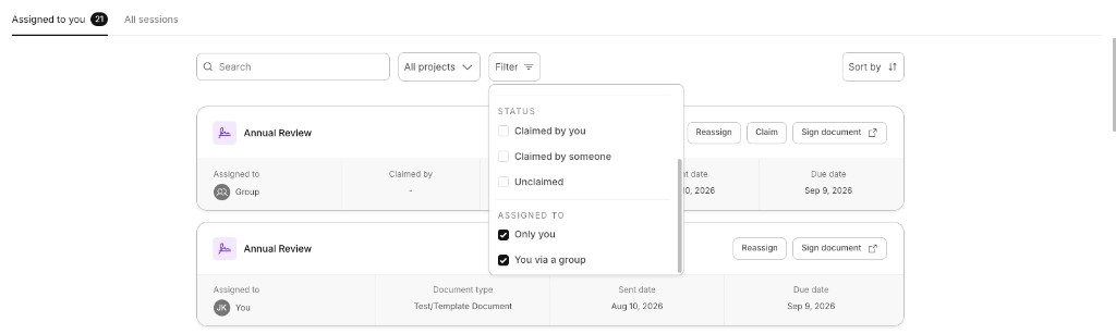 Filter menu showing the Status and Assigned to groups