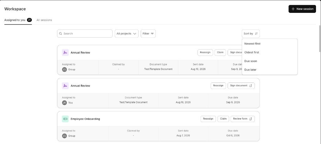 Sort by options: Newest first, Oldest first, Due soon, Due later