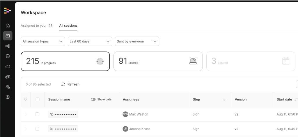 All Sessions with the Show data toggle in the Session name column