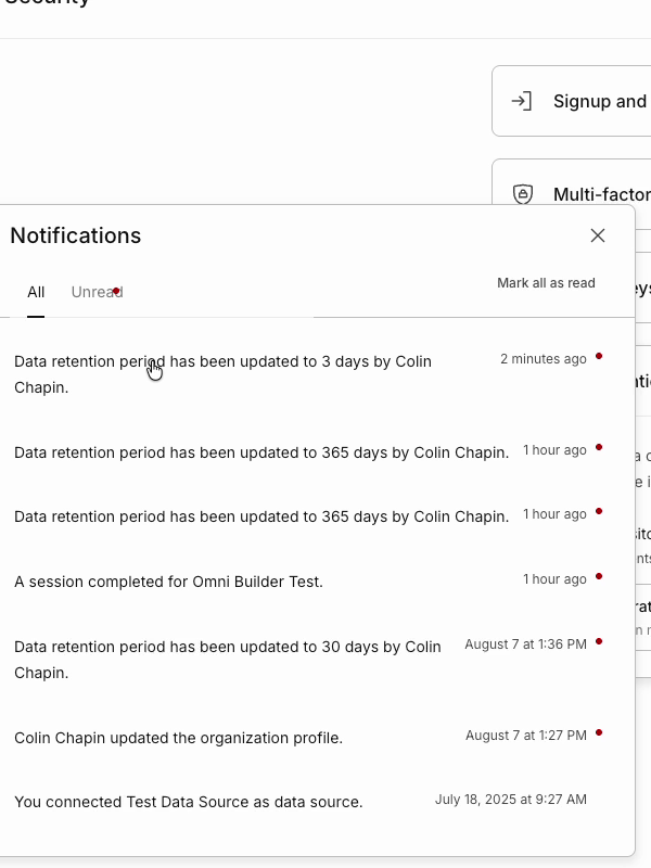 In-app notifications for data retention period updates