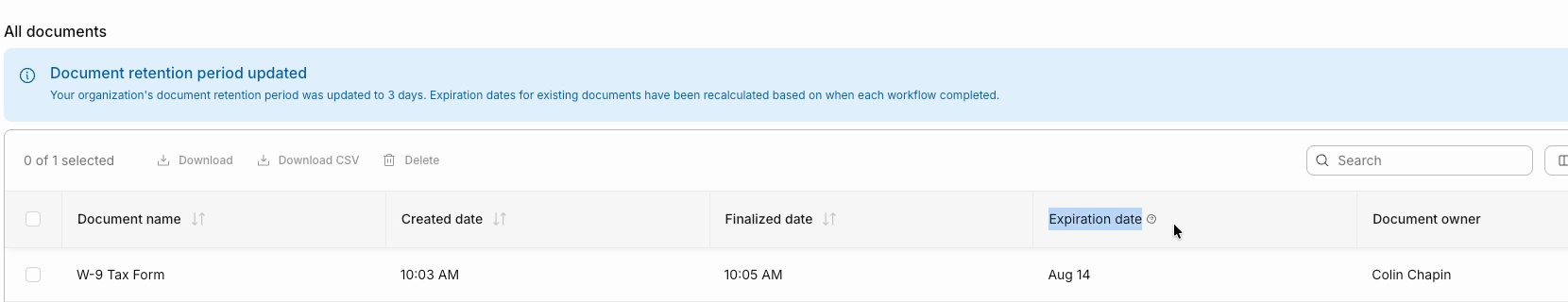 Repository banner and Expiration date column after a retention update