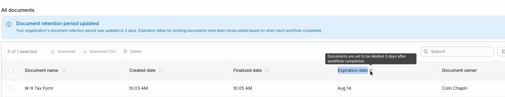 Expiration date tooltip in the Repository