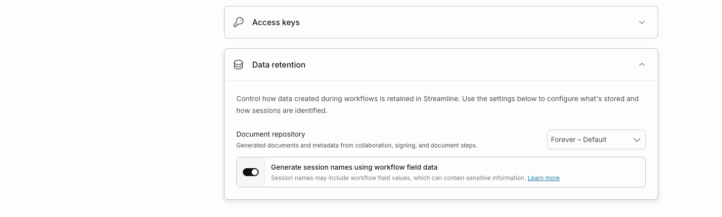 Security Data retention section with Document repository retention dropdown