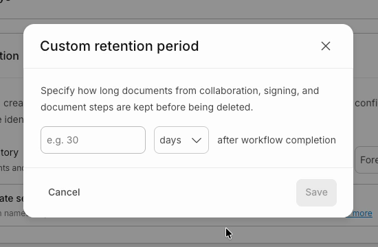 Custom retention period dialog