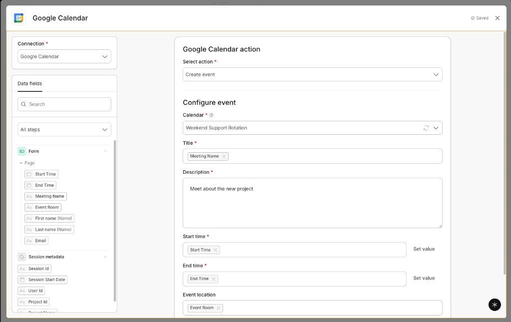 Google Calendar step configured with a selected calendar, a mapped title, a typed description, mapped start and end times, and Event location mapped from a workflow field