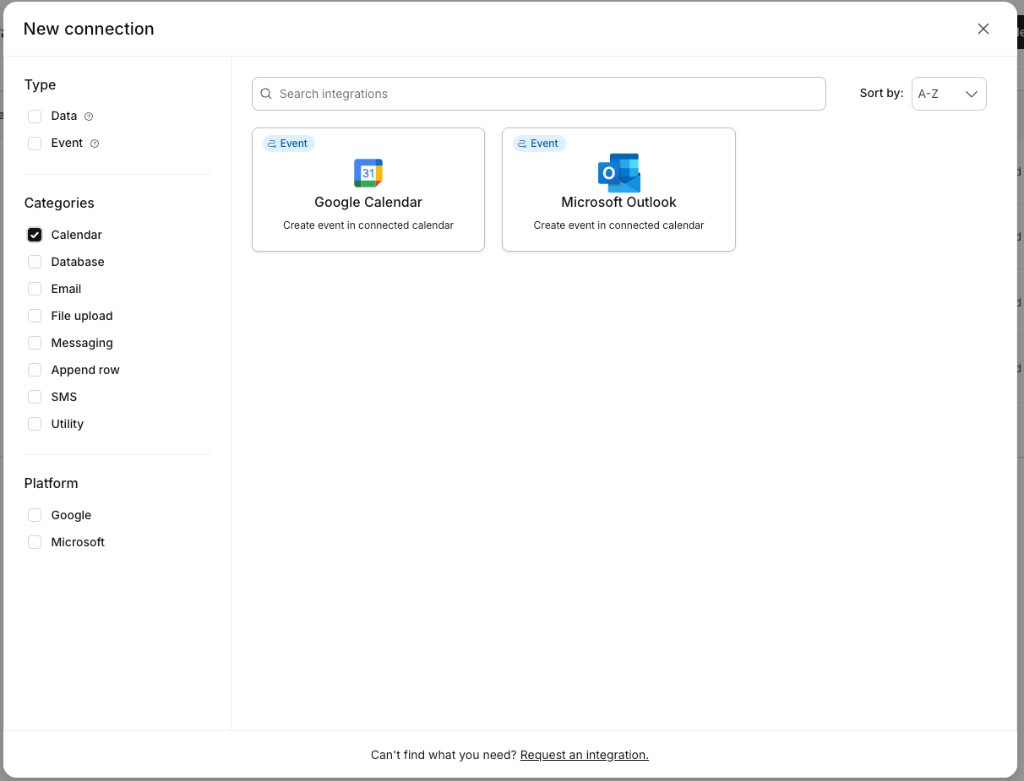 New connection catalog filtered to the Calendar category, showing the Google Calendar and Microsoft Outlook tiles