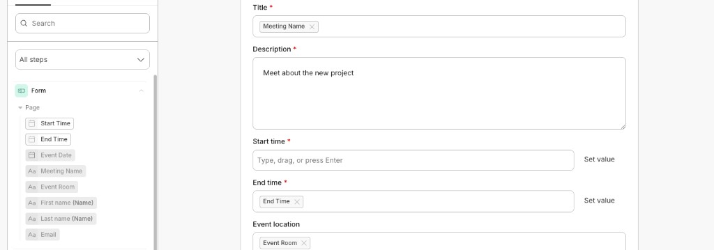 Start time and End time on the calendar step, with End time mapped from a workflow Date/time field and a Set value control beside each