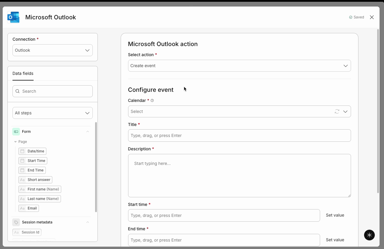 Microsoft Outlook step with Create event selected and the required event fields visible