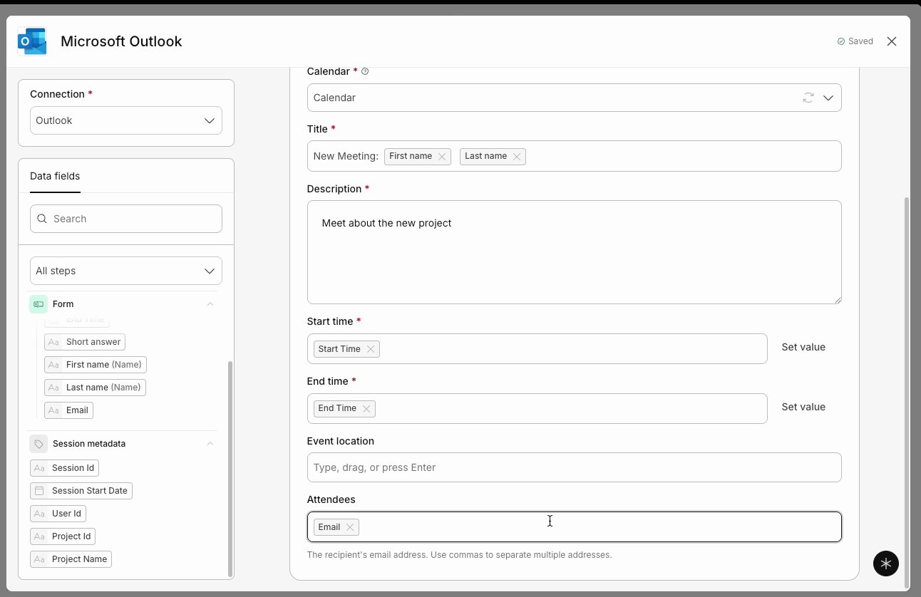 Configured Outlook event step with mapped start and end times and a mapped Email field in Attendees