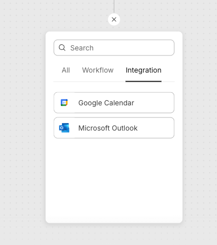 Step picker open on the Integration tab, listing Google Calendar and Microsoft Outlook