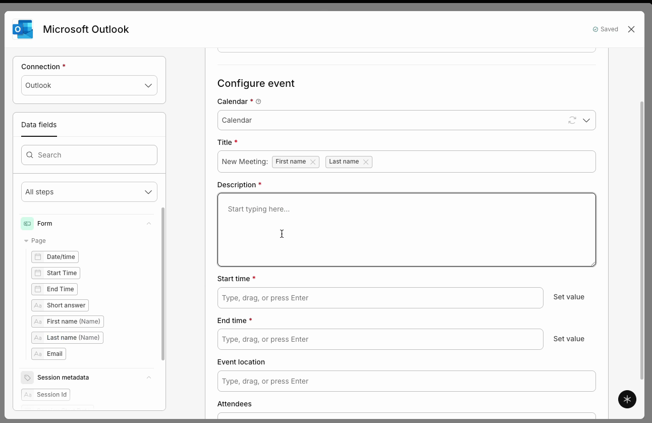 Event title built from typed text plus mapped First name and Last name fields