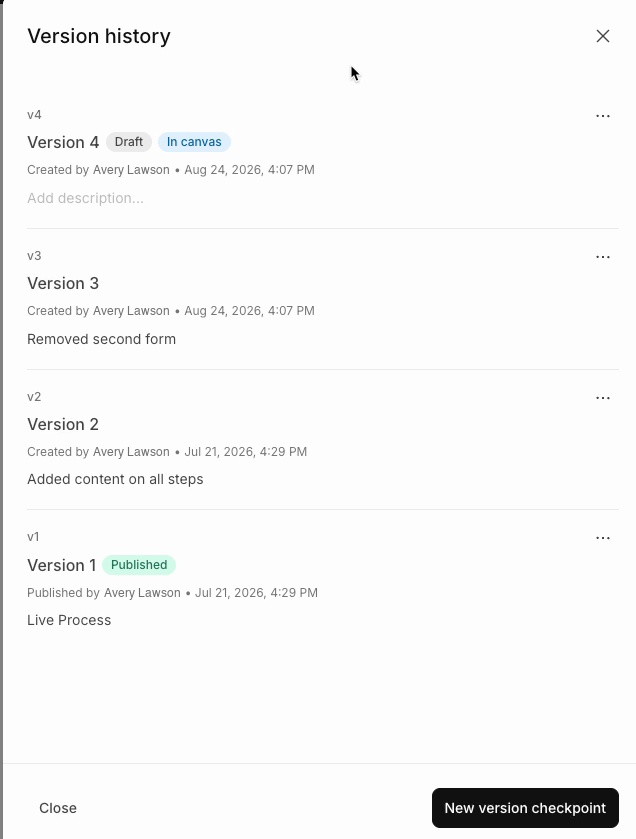 Version history panel listing v1 Published through v4 Draft and In canvas