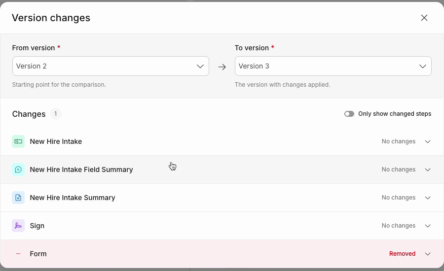 Comparison with Only show changed steps turned off, showing steps marked No changes
