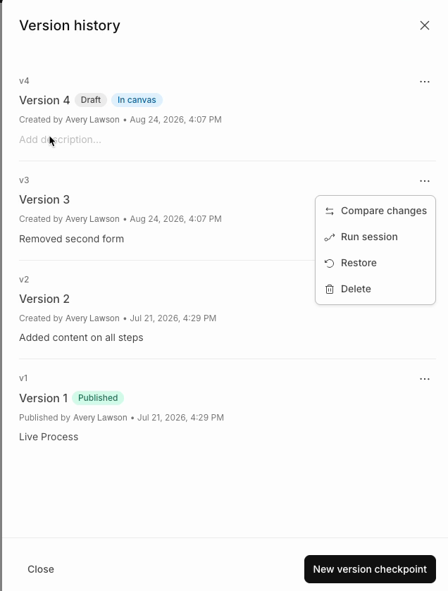 Version overflow menu showing Compare changes, Run session, Restore, and Delete