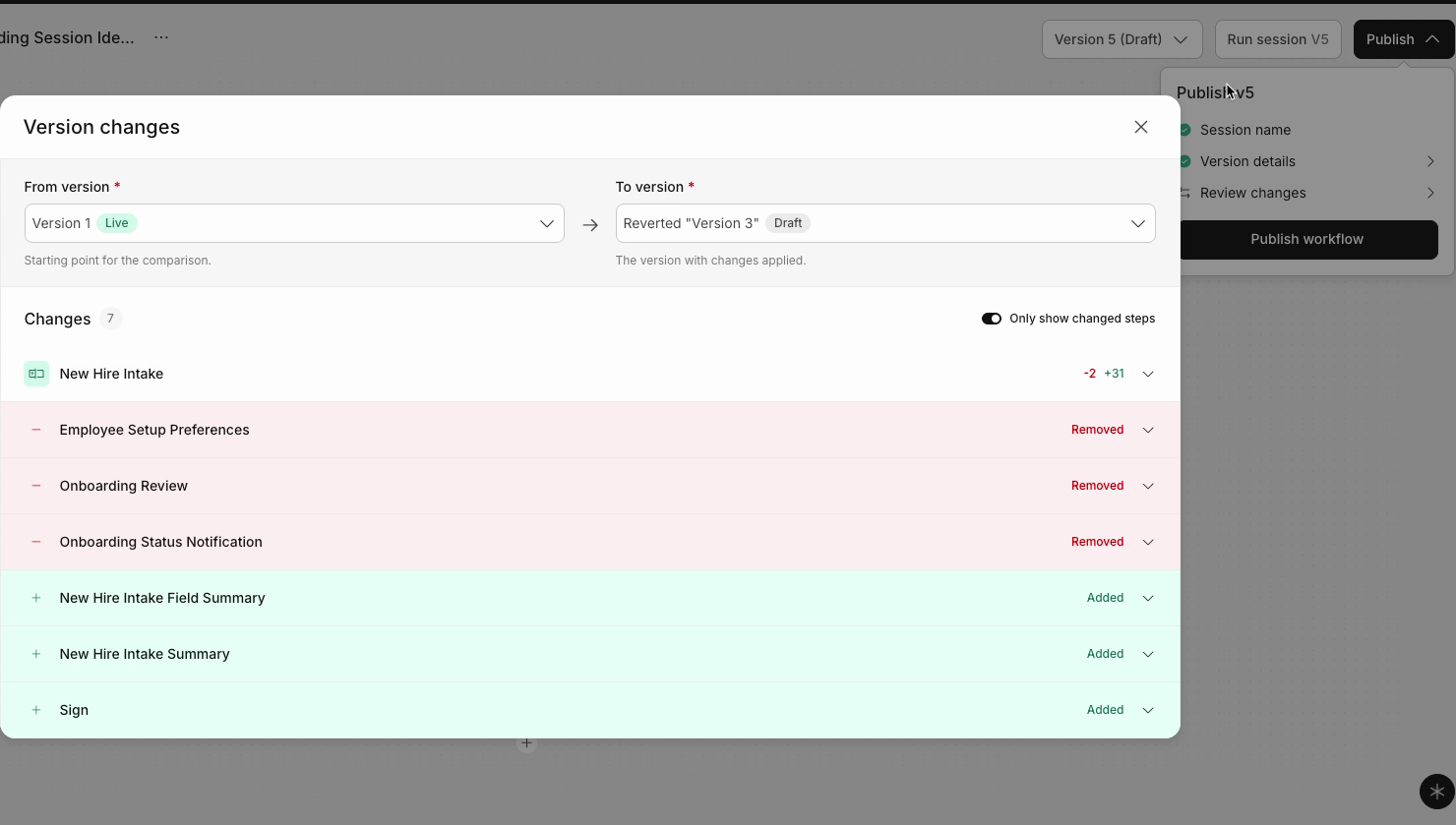 The Version changes view opened from Review changes in the Publish panel, comparing the live version to the version about to be published