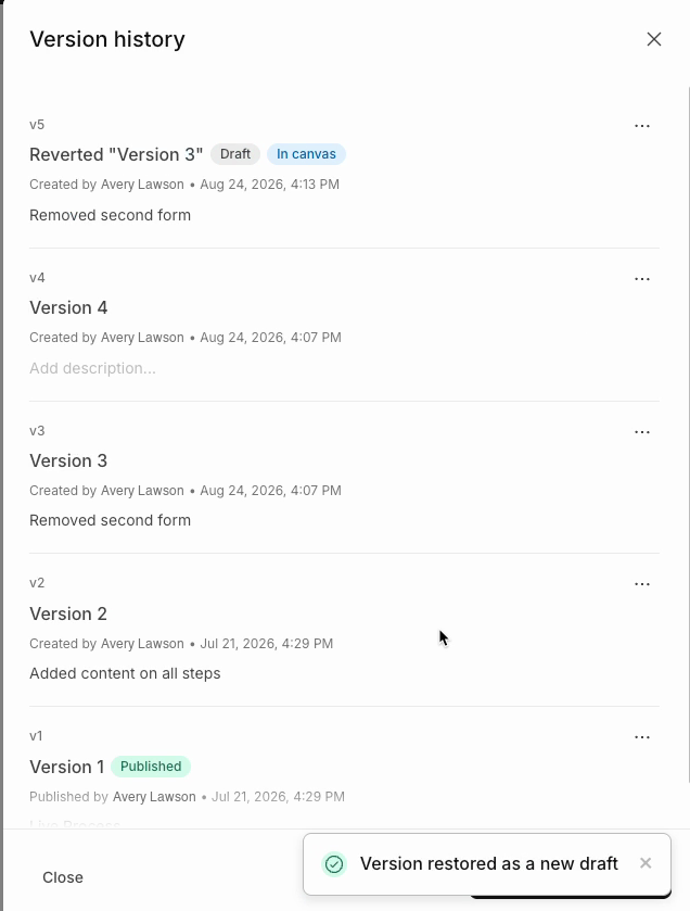 Version history after a restore, showing the reverted version in canvas and the previous version retained