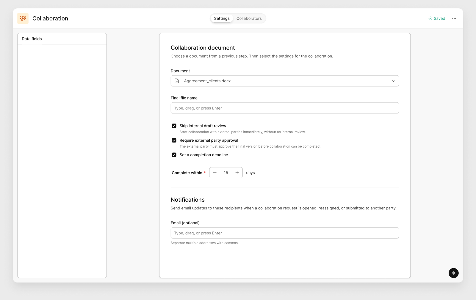 Collaboration step Settings tab with Skip internal draft review, Require external party approval, and Set a completion deadline enabled