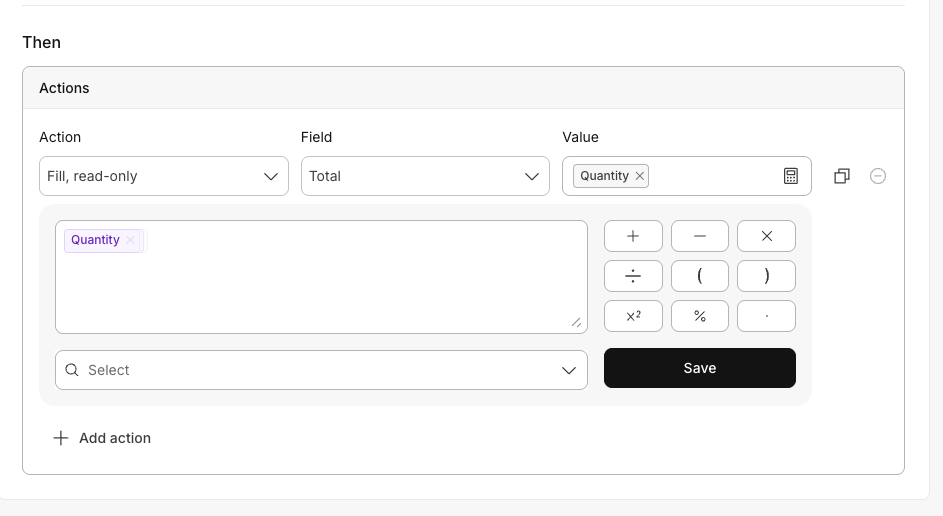 Logic action configured to fill the Total field with the repeating Quantity field