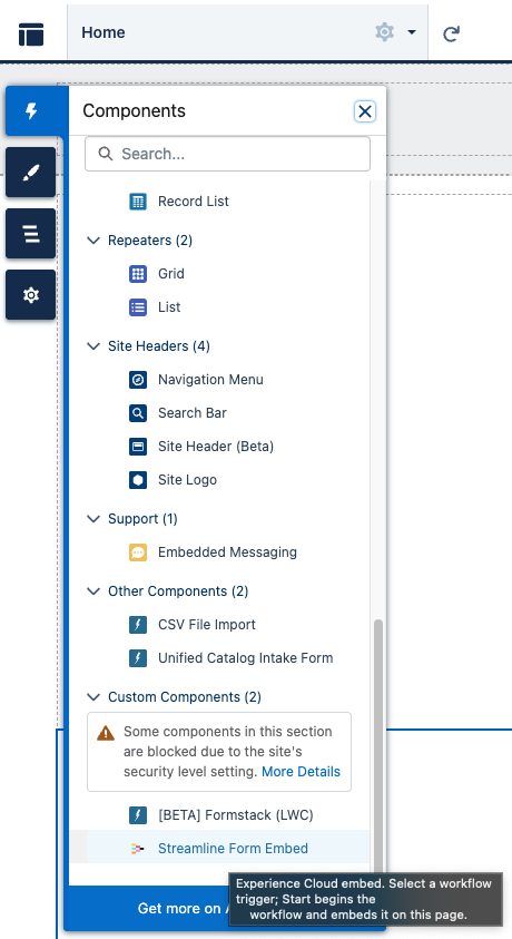 Streamline Form Embed in the Experience Builder Components panel