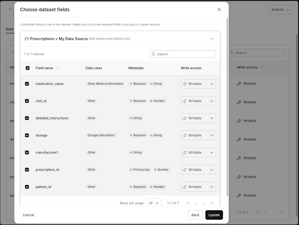 Choose dataset fields dialog showing selected fields and the Update button