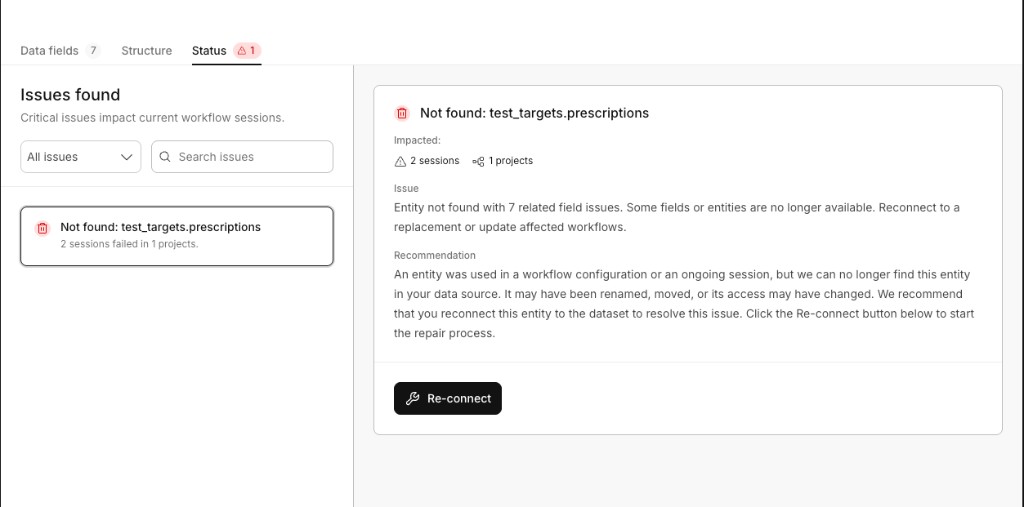 Dataset Status tab showing a missing entity, impact counts, issue details, and the Reconnect action