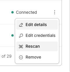 Integration actions menu showing the Rescan action
