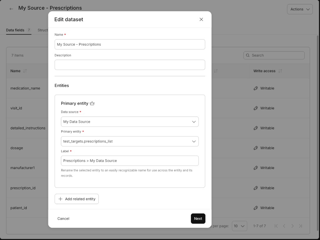Edit dataset dialog showing dataset details, entities, and the Next button
